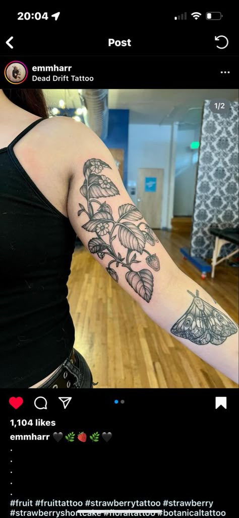 Bee Strawberry Tattoo, Strawberry Vine Arm Tattoo, Detailed Strawberry Tattoo, Strawberry Tattoo Sleeve, Strawberry Plant Tattoo Black And White, Black And Grey Strawberry Tattoo, Strawberry Shoulder Tattoo, Strawberry Sleeve Tattoo, Strawberry Vine Tattoo Black And White