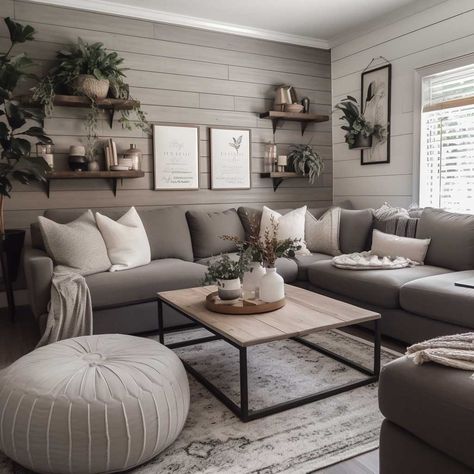 How to Create a Stunning Grey Modern Farmhouse Living Room • 333+ Images • [ArtFacade] Grey Modern Farmhouse Living Room, Grey Modern Farmhouse, Gray Sectional Living Room, Gray Living Room Design, Grey Sofa Living Room, Modern Farmhouse Living Room Decor, Grey Couch Living Room, Shiplap Walls, Modern Farmhouse Living