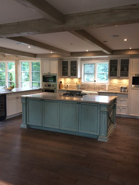 Aqua kitchen island island Aqua Kitchen Island, Turquoise Island Kitchen, Turquoise Kitchen Island, Gray Oak Floor, Painted Kitchen Island, Aqua Kitchen, Aqua Decor, Coast House, Turquoise Kitchen