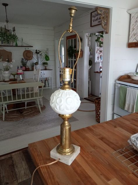 Lamp To Candle Holder, Crystal Lamp Base, Making Candle Holders, Vintage Brass Lamp, Glass Lamp Base, Old Table, Milk Glass Lamp, Lamp Candle Holder, Bar Keepers Friend