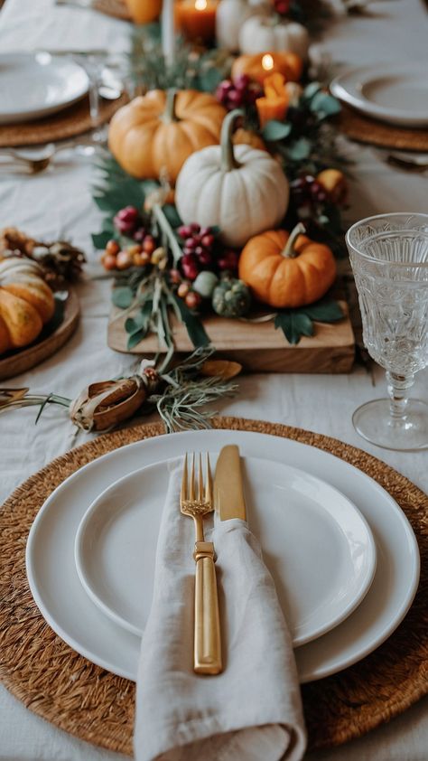 Create a stunning Thanksgiving tablescape with simple elegant and modern ideas incorporating moody vintage natural elements Explore rustic and elegant white round table settings for a cozy and stylish holiday gathering Discover food and dcor ideas to make your Thanksgiving celebration unique and memorable Table Setting With Bowls, Intimate Thanksgiving Table, Thanksgiving Table Decorating Ideas, Thanksgiving Round Table Settings, Gold Thanksgiving Table, Thanksgiving Tablescapes Simple, Modern Thanksgiving Table Settings, Friendsgiving Tablescape, Modern Thanksgiving Table