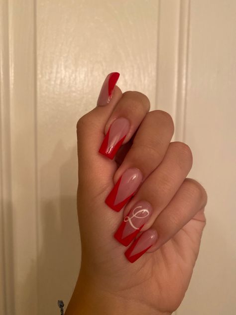 Red Acrylic Nails With Letter Design, Red Nails With Boyfriends Initials, Red Nails With A Initial, Red Nails With Bf Initials, Red French Tip With Initial, Valentines Nails Designs With Initial, Red Nail Designs With Initial, Red Valentines Nails With Initials, Red French Tip Nails With Initial