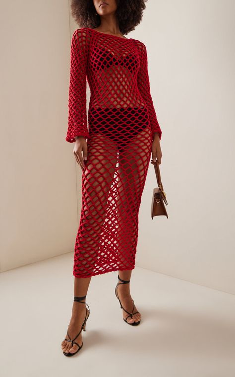 MODA OPERANDI: NIA THOMAS High Priestess Crocheted Cotton Maxi Dress… Beach Knit, Crochet Short Dresses, Crochet Swim, Red Beach, Red Crochet, High Priestess, Cotton Maxi Dress, Crochet Dresses, Red High