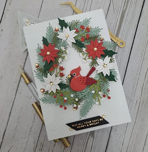 Xmas Flowers, Cardinal Wreath, Poinsettia Cards, Week Challenge, Christmas Challenge, Spellbinders Cards, Christmas Labels, Christmas Bird, Bird Cards