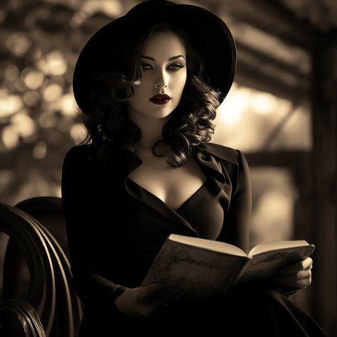 A dark haired woman sits in a chair reading a book, in the style of vintage contemporary aesthetics. Artwork available as prints and digital download. Hollywood Photoshoot, Dark Haired Woman, Sunless Sea, Hair Canvas, Drawing People Faces, Luxury Tents, Cute Simple Wallpapers, Fantasy Gowns, Classy Aesthetic