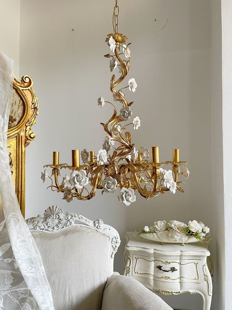 Ivory Roses and Gold Leaf Chandelier 6 Lights - Etsy Parisian Chandelier, Leaf Chandelier, Artistic Lighting, Iron Chandelier, Wrought Iron Chandeliers, French Chandelier, Italian Chandelier, White Chandelier, Chandelier Bedroom