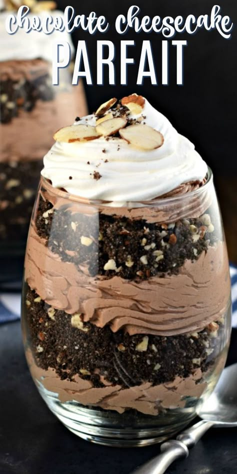 Beautiful layered Chocolate Almond Cheesecake Parfait! Chocolate sandwich cookies with almonds to create a crunchy crust, with a creamy chocolate cheesecake! Perfect for two! #thinkfisher #ad Pound Cake Parfait Desserts, Parfait Recipes Chocolate, Chocolate Cheesecake Parfait, Chocolate Parfait Cups, Desert Cups Ideas Chocolate, Pudding Parfait Desserts, Jello Parfait Recipes, Parfait Recipes Dessert, Cheesecake Parfait Cups