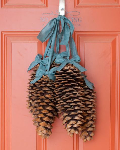 DIY Pine Cone Door Decor Giant Pine Cones, Diy Braces, Sugar Pine Cones, Large Pine Cones, Pinecone Crafts Kids, Outdoor Christmas Planters, Pinecone Crafts Christmas, Blue Harvest, Pinecone Garland