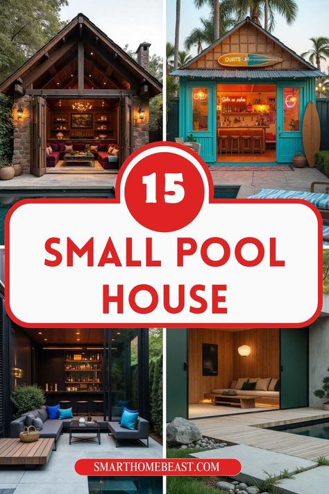 A collage of four luxurious small pool house designs featuring a rustic stone cottage, retro surf shack, modern black bar, and minimalist zen retreat, each showcasing unique architectural styles and poolside settings. Cabana Poolside Pool Houses, Pool House Cabana Ideas, Screened In Pool House, Pool House Colors Schemes, One Bedroom Pool House, Pool Room Ideas Swimming, Pool Houses Ideas, Small Pool Bathroom Ideas, Swimming Pool Inside House