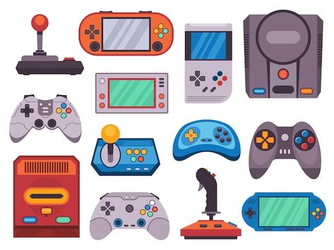 Vector video game devices old retro joys... | Premium Vector #Freepik #vector #game-console #console #game #gamepad Game Console Illustration, Console Drawing, Retro Game Console, Creative Coding, Retro Console, Console Game, Hand Games, Video Game Devices, Game Wallpaper Iphone