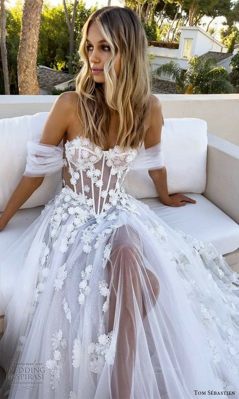 Wedding Dresses Lace Long Train, Corset Lace Wedding Dress, Italy Wedding Dress, Tulle Neckline, Long Wedding Dress, Sheer Corset, Dreamy Wedding Dress, Sheer Wedding Dress, Pretty Wedding Dresses