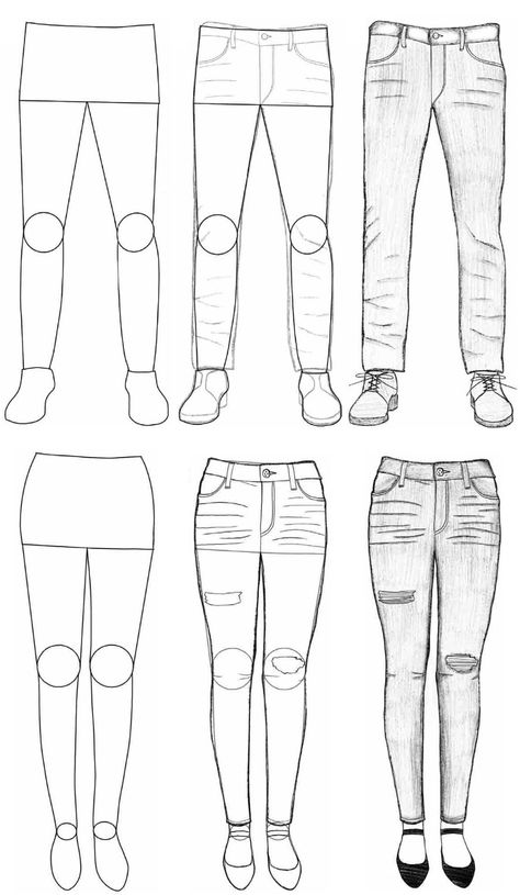 Women’s jeans highlight curves and are more rounded at the waist. Men’s jeans are straighter and streamlined. For each drawing: Start with the basic outline. How To Draw Jeans Men, How To Draw Jeans Female, How To Draw Pants, Clothes Sketch, Manga Fashion, Jeans Drawing, Shorts Drawing, Pants Drawing, Clothes Drawing