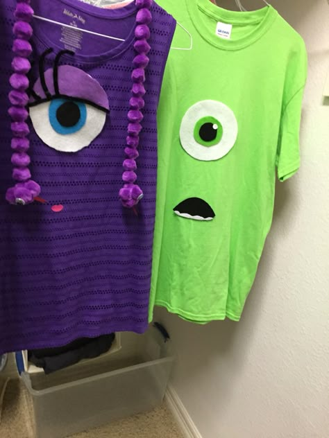 Celia And Mike Costume, Monster Inc Costume Ideas, Mike And Celia Costume, Easy Monsters Inc Costume, Celia Mae Costume Diy, Sully Shirt Diy, Celia Mae Costume, Mike Wazowski Girlfriend Costume, Celia Monsters Inc Costume Diy