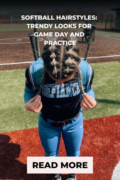 Female athlete in blue softball gear with braided hair on a baseball diamond, promotional overlay text for game day and practice hairstyles with a call to action button. Softball Game Day Hair Short Hair, Baseball Braids, Softball Pictures Hairstyles, Hair For Basketball, Softball Hair Ideas, Field Day Hair, Softball Tournament Hairstyles, Simple Softball Hairstyles, Softball Hairstyles For Long Hair