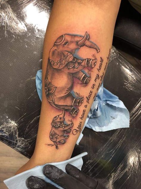 Elephant Tattoos Memorial, Elephant Women Tattoo, Elephant Remembrance Tattoos, Back Elephant Tattoo Women, African Elephant Tattoos For Women, Elephant Tattoos On Black Women, Elephant Tattoos With Color, 2 Elephant Tattoos, Overcomer Tattoos Women