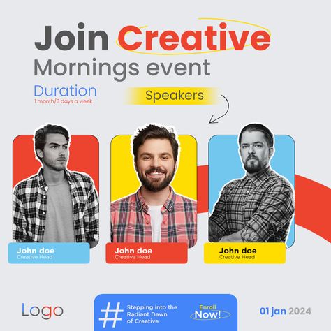 PSD join our creative morning event psd with speaker details guest speakers "🌅 Creative Mornings Await! 🎙️ Join us for an inspiring morning with guest speakers who'll fuel your creativity. Download our PSD to spread the word and get ready for a memorable event. See you there! #CreativeMornings #GuestSpeakers #EventPromotion #PSDTemplate" Guest Poster Design, Speaker Announcement Design, Event Speaker Design, Speaker Graphic Design, Guest Speaker Poster Design, Hiring Poster Creative, Speaker Poster, Class Poster Design, Speakers Design