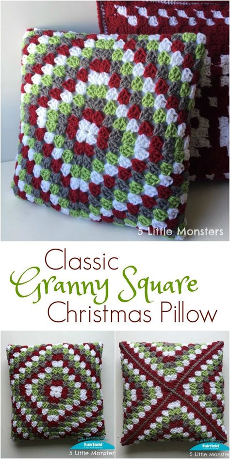 Free crochet pattern for a classic granny square pillow for Christmas. Fold the corners to the center to make the pillow Granny Square Christmas, Projek Mengait, Granny Square Pillow, Classic Granny Square, Crochet Pillow Patterns Free, Diy Crochet Patterns, Crochet Pillow Cover, Crochet Cushion Cover, Crochet Pillow Pattern