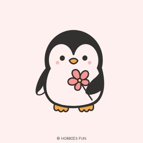 Easy Penguin Drawing Cute, Penguin with Flower Penguin Drawing Cartoon, Cute Easy Penguin Drawings, Penguin Gift Ideas, How To Draw A Penguin, Easy Penguin Drawing, Cute Penguin Drawing, Penguin Outline, Penguin Walk, Cute Easy Paintings