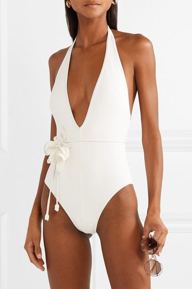 Zimmermann | Corsage Flower belted halterneck swimsuit | NET-A-PORTER.COM Deep V One Piece Swimsuit, Wedding Swimsuit, Beautiful Swimwear, Bridal Swimsuit, Bridal Swimwear, Swimwear 2023, Elegant Swimwear, Flower Swimsuit, Sunscreen Oil