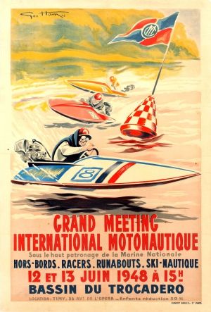 Grand Meeting Motonautique Boat Racing Geo Ham 1948 - original vintage poster listed on AntikBar.co.uk #Motonautique #Power #Boat #Speedboat #PowerBoating #Speed #Racing #UIMPowerBoating @uimpowerboating #GeoHam #Art #Design #Water #Sport Speed Boats Racing, Powerboat Racing, Sport Posters, Boat Racing, Vintage Boats, Racing Posters, Retro Travel Poster, Boat Race, Water Sport