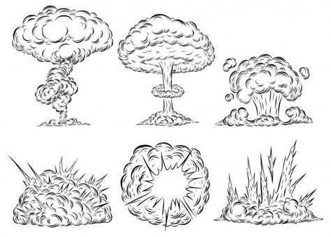 Explosion Mushroom Cloud, Mushroom Explosion Drawing, Drawing Of Explosion, Mushroom Cloud Illustration, Manga Explosion Drawing, Bomb Drawing Ideas, Bomb Drawing Reference, How To Draw Explosions, Mushroom Cloud Drawing