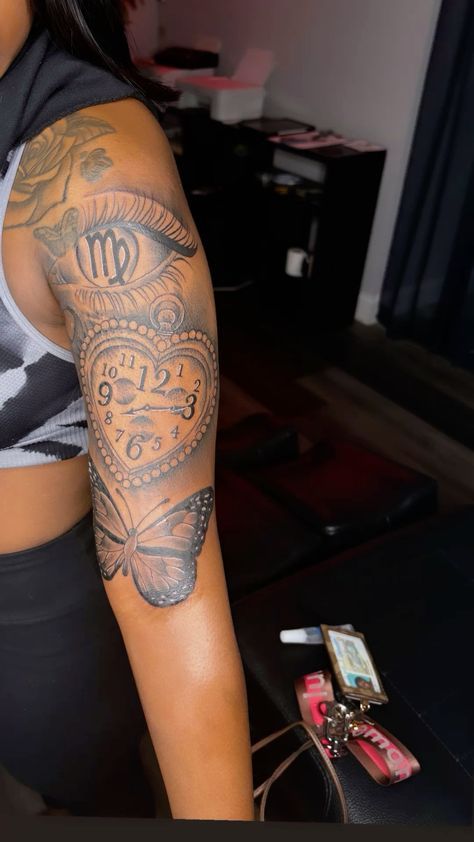 Virgo Arm Tattoo, Finished Sleeve Tattoo Women, Tattoo Ideas Arm Sleeve Woman, Arms Sleeve Tattoo Women, Virgo Half Sleeve Tattoos, Womens Quarter Sleeve Tattoo Upper Arm, Medium Tattoos For Women Arm, Aries Tattoo Black Women, Girl Arm Tattoos Black Women