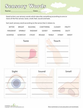 Worksheets: Sensory Words Writing Process Chart, Elementary School Projects, Sensory Language, Sensory Words, Words Worksheet, Process Chart, Sensory Details, 3rd Grade Writing, Supporting Details