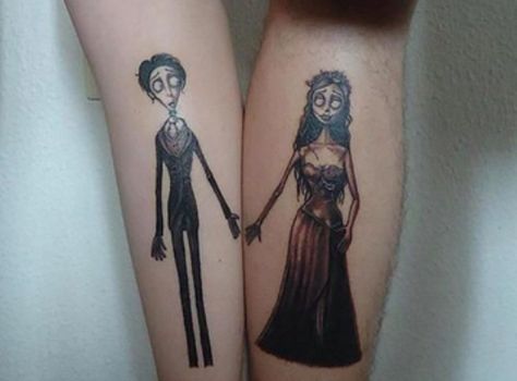 Corpse Bride couple tattoo. Corpse Bride Tattoo, Avocado Tattoo, Tim Burton Tattoo, Best Couple Tattoos, Cute Couple Tattoos, Brides With Tattoos, Couples Tattoo Designs, Matching Couple Tattoos, Friend Tattoos