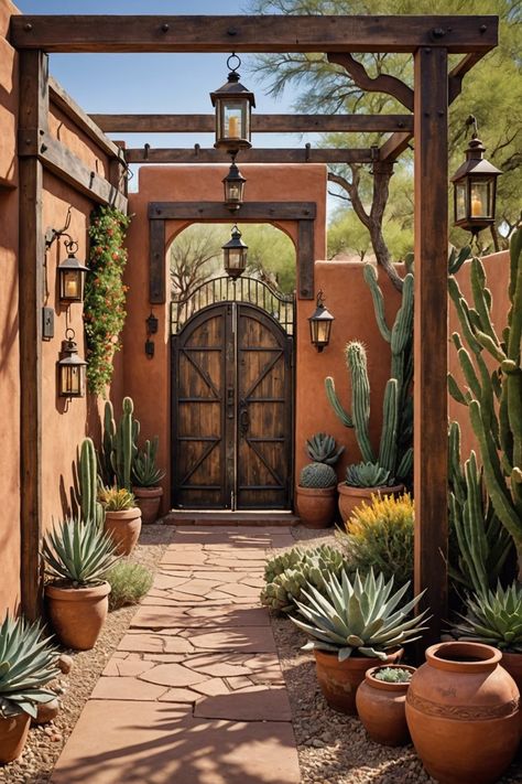 20 Desert Landscaping Ideas For Your Front Yard – ToolzView Ranch Landscape Ideas, Cactus In Large Pots, New Mexico Courtyard, Arizona Fence Ideas, Gardening In The Desert Arizona, Santa Fe Courtyard Ideas, Outdoor Hacienda Patio, Spanish Style Landscaping Front Yard, Mexican Fence Post Cactus Landscape