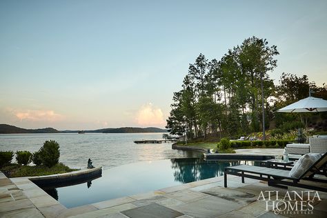 On Point - Atlanta Homes and Lifestyles Cedar Shake House, White Shiplap Wall, Infinity Edge Pool, Atlanta Homes, River House, Ship Lap Walls, Beautiful Lakes, House Tour, Infinity Pool