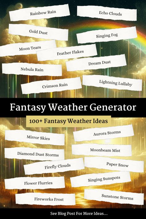 Our fantasy weather generator will generate over 100 weather patterns for your fictional world, along with a description of the weather. Worldbuilding Geography, Fantasy Power Ideas, Fantasy World Names Ideas, Creating A Fantasy World, Worldbuilding Ideas, World Generator, Weather Aesthetic, Story Generator, Writing Plot