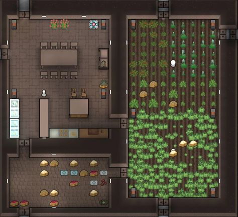 Rimworld Base Layout, Rimworld Ideas, Kitchen Garden Layout, Sargasso Sea, Winter Kitchen, Map Layout, Terraria, Garden Layout, Sandbox