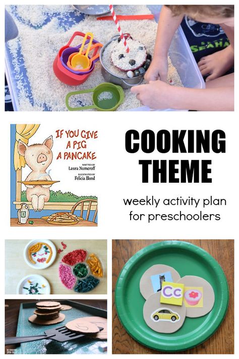 Cooking themed activities for preschool inspired by the book If You Give a Pig a Pancake Culinary Activities For Preschoolers, Cooking Theme For Preschool, Preschool Food Ideas, In The Kitchen Preschool Theme, Kitchen Activities For Preschool, Cooking Theme Preschool Activities, Baker Preschool Activities, Cooking Preschool Theme, Cooking Activities For Preschool