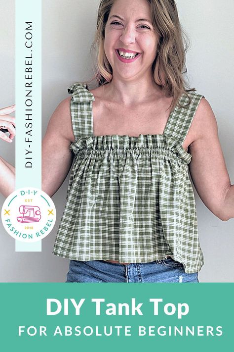 Want to DIY your own clothes but have no idea which projects you can actually sew as an absolute beginner? This is the pin for you. There's no pattern needed in this DIY Tank Top sewing tutorial. I show you step-by-step how to measure, cut, and sew this so you can be rocking it in no time. Repin now so you'll always be able to find it again then click through to start sewing ASAP! Cropped Top Sewing Pattern, Easy Sew Tank Top, Easy Sew Tops For Women Summer, Simple Tank Top Pattern, Easy Summer Top Pattern Free Sewing, Easy Top To Sew, Easy Summer Tops To Sew, Sew Summer Tops, Sewing Patterns For Beginners Clothes