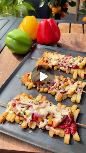 SAMURA | FOOD, RECIPES, CULINARY on Instagram: "🍟Quick & Easy French Fries Skewers🤤, recipe👇

Ingredients:
- Wooden skewers
- French fries
- Tomato paste
- Cooked chicken pieces
- Bell pepper, cut into small pieces
- Red onion, sliced
- Shredded cheese

Instructions:
1. Preheat your oven to 190°C.
2. Take the wooden skewers and thread the French fries onto them.
3. Place the skewers with the French fries on a baking sheet.
4. Spread a layer of tomato paste over the fries on each skewer.
5. Add pieces of cooked chicken, bell pepper, and red onion on top of the tomato paste.
6. Sprinkle shredded cheese generously over the skewers.
7. Bake in the preheated oven for 10-15 minutes, or until the cheese is melted and bubbly.
8. Serve hot and enjoy your Loaded Fry Skewers!😍🫶🏼

#fries #french Pizza Fries Skewers, How To Fry French Fries On Stove, Home Fries With Peppers And Onions, Pepperoni Cheese Fries, Cheesy Fries Photography, Dinner For 2, Grated Cheese, French Fries, Tomato Paste