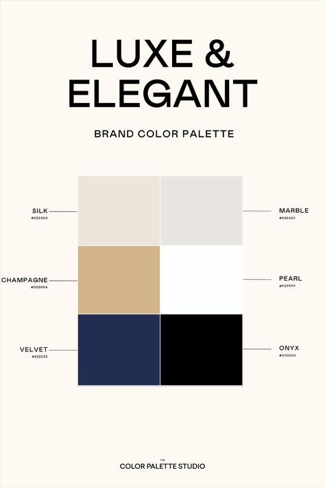 This is a luxurious and premium set of colors for a Luxe & Elegant brand color palette. Includes pairing guide, contrast scores for color and vision accessibility, color names, and hex codes. Business Professional Color Palette, Posh Color Palette, Jewelry Store Color Palette, Color Palette Luxury Colour Schemes, Luxury Brand Colours Palette, Brand Pallete Canva, Luxury Pallete Color Schemes, Luxury Colour Scheme, Elegant Colour Schemes