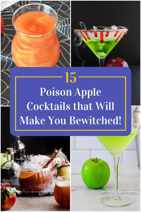 Collage of 4 poison apple cocktails. Poison Apple Cocktail Recipe, Poison Apple Cocktail, Washington Apple Shot, Apple Cocktails, Apple Cocktail Recipes, Spooky Drinks, Apple Pie Cocktail, Crown Apple, Batch Cocktail Recipe