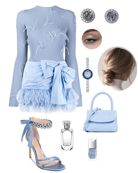 Blue Fashion Outfits, Light Blue Outfit Ideas, Flare Outfits, Rich Girl Outfits, Silver Outfits, Outfit Polyvore, Elegant Outfit Classy, Light Blue Dresses, Outfits Polyvore