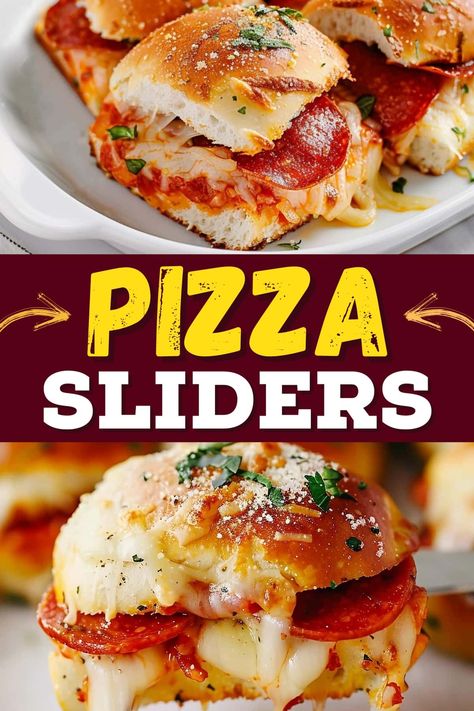 (Pepperoni) Pizza Sliders. Pepperoni Pizza Sliders, Sandwich Buffet, Pizza Sliders, Pizza Slider, Slider Sandwiches, Slider Recipes, Football Food, Garlic Parmesan, Pull Apart