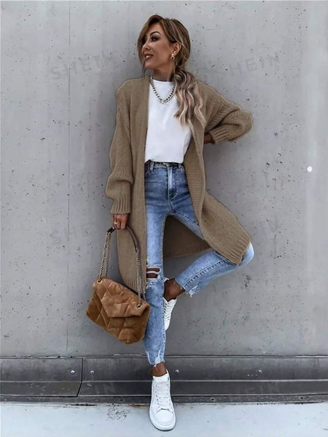 SHEIN USA Casual Mom Outfits Fall 2024, Mom Style Fall 2024, Trendy Jeans 2024 Women, Fall 2024 Cardigan Outfits, Spring Cardigan Outfit 2024, Transgender Outfits, European Outfit, Shawl Collar Cardigan, Collar Cardigan