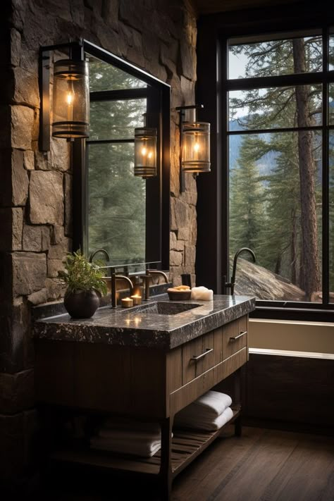 Mountain Bathroom, Cabin Patio, Island Mansion, Forest Homes, Cabin Living Room, Bedroom Sanctuary, Earthy Home, Cozy Cabins, Cabin Bathrooms