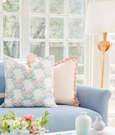 Home Decor Preppy Room Aesthetic, Caitlin Wilson Design, Skirted Sofa, Coastal Cottage Style, Caitlin Wilson, Spring Interiors, Blue Couches, Tailored Skirt, Blue White Decor