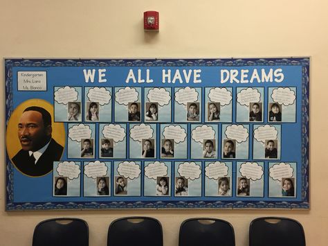 Martin Luther King Jr. bulletin board. I have a dream. Kindergarten. Student pictures Mlk I Have A Dream Craft, I Have A Dream Bulletin Board, Martin Luther King Jr Bulletin Board Ideas, I Have A Dream Martin Luther King, Martin Luther King Jr Bulletin Board, Martin Luther King Bulletin Board Ideas, Mlk Bulletin Board Ideas, I Have A Dream Craft, Martin Luther King Jr Art