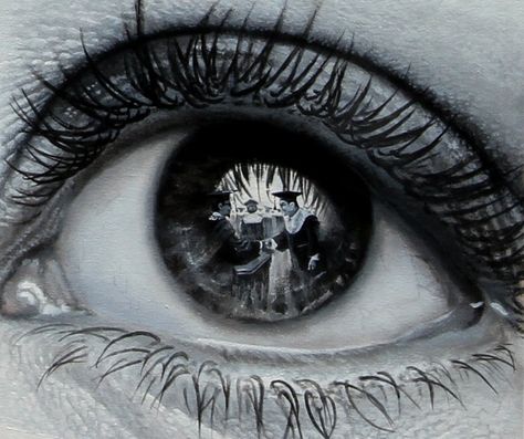 Jakarta-based Indonesian artist Veri Apriyatno's series titled The Witnesses reveals a lot more about a person's surroundings through the reflection of their eyes. Each hyperrealistic mixed media creation in the series (made with charcoal, pencil, and acrylics on canvas) presents an entire world within the gaze of a glistening eye. Reflection Drawing, Digital Art Software, Realistic Eye Drawing, Hyper Realistic Paintings, Reflection Art, Realistic Pencil Drawings, Arte Alien, Realistic Eye, The Reflection