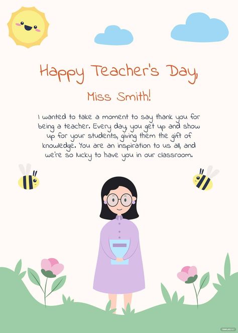 Free Cute Teacher's Day Card Grating Card For Teachers Day, Cute Teacher's Day Card, Happy Teachers Day Card Idea, Teacher's Day Letter Ideas, Greeting Card Design Teachers Day, Teacher'day Card, Short Letter For Teachers Day, Card Happy Teacher Day, Happy Teacher Day Card Design