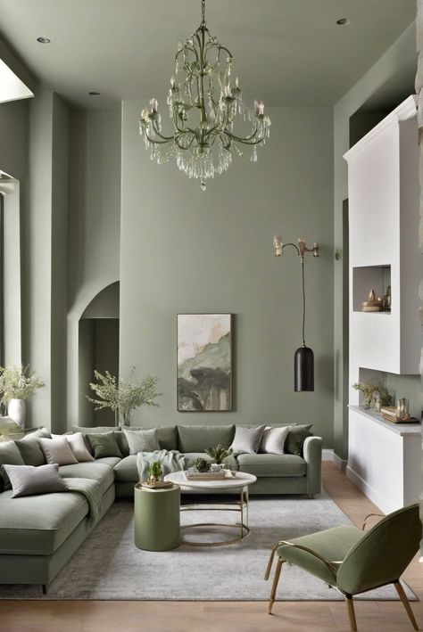 Drama Unleashed: Sage Green and Stone Gray Living Room Enchantment [2024] – Secrets Revealed! #Ad #homedecor #homedesign #fixhome #Painthome #interiorarchitecture Living Room Inspiration Sage Green, Sage Green Wall Living Room Ideas, Sage Green Kitchen And Living Room, Gray Green Decor, Black White Grey And Green Living Room, Sage Green Home Decor Living Room, Gray Green Wall Color, Sage Green Interior Design Living Room, Green And Gray Room