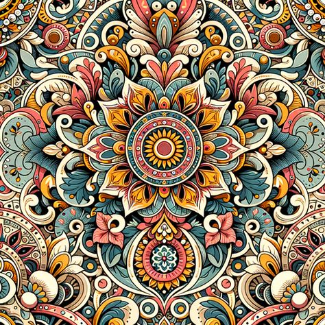 Discover the elegance of our Exotic Mandala Fusion pattern, where traditional South Asian artistry meets bohemian chic. Perfect for textiles and wallpapers, its intricate detailing and harmonious color mix captivate the eye. #FashionDesign #TextileArt #MandalaPattern #BohoStyle #SeamlessDesign South Indian Patterns, South Asian Patterns, Indian Motifs Traditional, Indian Patterns Textiles, South Indian Culture, Traditional Prints, Indian Patterns, Indian Prints, Asian Design