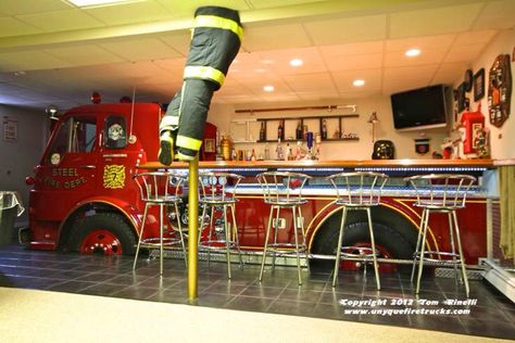 Fire Truck Bar Firefighter Inspiration, Firefighter Bar, Firefighter Man Cave, Fire Decor, Exterior Wall Paint, Man Cave Shop, Medical Decor, Home Paint Color, Firefighter Pictures