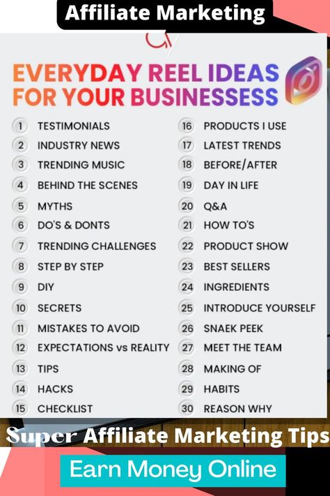 30 Everyday Reel Ideas for Affiliate Marketing , This is all about, earn money online, make money online, or work from home jobs, affiliate marketing training, make passive income online. #affiliatemarketingtips #makemoneyonlinetips #passiveincomeonline #affiliatemarketingprograms #digitalmarketingtips #earnmoneyonlinetips #learnaffiliatemarketing About Affiliate Marketing, Why Affiliate Marketing Is Best, Affiliate Marketing Content Ideas For Instagram, Content Ideas For Affiliate Marketing, Affiliate Marketing Strategy Instagram, Affiliate Marketing Post For Instagram, Affiliate Marketing Content Ideas Reels, Affiliate Marketing Reels Idea, Digital Marketing Reels Ideas