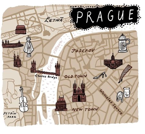 Dermot Flynn - Map of Prague Prague Map, Contiki Tour, Map Illustrations, Dutch Uncle, Illustrated Maps, Visit Prague, Prague Travel, City Drawing, Europe Map